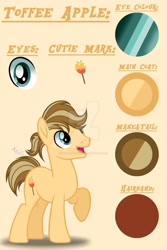 Size: 1280x1919 | Tagged: safe, artist:purplepotato04, oc, oc only, oc:toffee apple, parent:applejack, parent:caramel, parents:carajack, species:earth pony, species:pony, earth pony oc, freckles, male, offspring, open mouth, ponytail, reference sheet, simple background, smiling, solo, stallion, updated