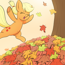 Size: 1800x1800 | Tagged: safe, artist:ponyxwright, character:applejack, species:earth pony, species:pony, newbie artist training grounds, atg 2020, autumn, belly button, cute, eyes closed, female, jackabetes, jumping, leaves, mare, smiling, solo, underhoof