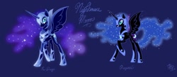 Size: 1024x449 | Tagged: safe, artist:ellybethe, character:nightmare moon, character:princess luna, species:alicorn, species:pony, 2012, armor, comparison, ethereal mane, female, galaxy mane, helmet, hoof shoes, horn, journey of the spark, mare, raised hoof, redesign, signature, simple background, slit pupils, text, wings