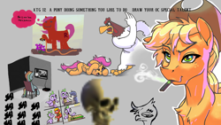 Size: 1920x1080 | Tagged: safe, artist:hellpony, character:applejack, character:big mcintosh, character:rainbow dash, character:scootaloo, character:spike, oc, species:bird, species:chicken, species:dragon, species:earth pony, species:griffon, species:pony, newbie artist training grounds, abuse, atg 2020, chair, child abuse, clerks, female, filly, foghorn leghorn, food, iwtcird, loss (meme), male, mare, meme, mouth hold, scootabuse, skull, sub sandwich, subway, television, vape, watering