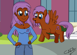 Size: 1169x846 | Tagged: safe, artist:cafakero, oc, oc only, oc:shaily melodi, species:pegasus, species:pony, my little pony:equestria girls, flying, hands on hip, human ponidox, looking at each other, ponidox, self ponidox, smiling, spread wings, wings