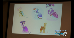 Size: 1366x706 | Tagged: safe, artist:ellybethe, character:applejack, character:fluttershy, character:rainbow dash, character:rarity, character:twilight sparkle, character:twilight sparkle (unicorn), species:earth pony, species:pegasus, species:pony, species:unicorn, 2012, alternate hairstyle, bronycon, clothing, concept art, convention, dress, everfree network, eyes closed, female, journey of the spark, looking at you, mare, photo, raised hoof, signature