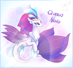 Size: 1169x1080 | Tagged: safe, artist:bloody-pink, character:queen novo, species:seapony (g4), my little pony: the movie (2017), colored pupils, crown, cute, female, fin wings, fins, fish tail, jewelry, lidded eyes, logo, novobetes, purple eyes, queen, regalia, smiling, solo, wings