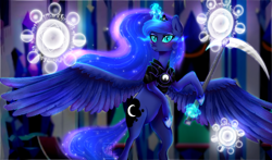 Size: 1800x1058 | Tagged: safe, artist:meqiopeach, character:nightmare moon, character:princess luna, species:alicorn, species:pegasus, species:pony, species:unicorn, armor, bipedal, blushing, crystal empire, evil, fall of the crystal empire, female, fight, lunabetes, magic, moonbutt, nightmare luna, portal, raised hoof, shoes, simple background, solo, spread wings, weapon, wings