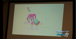 Size: 1366x704 | Tagged: safe, artist:cooltomorrowkid, artist:ellybethe, character:pinkie pie, species:earth pony, species:pony, alternate hairstyle, bronycon, clothing, concept art, convention, dress, everfree network, female, journey of the spark, mare, photo, raised hoof, raised leg, signature, smiling