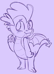 Size: 623x858 | Tagged: safe, artist:woollily, character:spike, species:dragon, blushing, cute, cute little fangs, fangs, looking at you, male, monochrome, purple background, simple background, smiling, solo, spikabetes, spread wings, winged spike, wings
