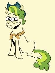 Size: 721x956 | Tagged: safe, artist:woollily, character:pistachio, species:earth pony, species:pony, clothing, hat, male, scarf, simple background, solo, teenager, yellow background