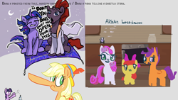 Size: 1920x1080 | Tagged: safe, artist:hellpony, character:apple bloom, character:applejack, character:scootaloo, character:sweetie belle, character:tempest shadow, character:twilight sparkle, species:earth pony, species:pegasus, species:pony, species:unicorn, newbie artist training grounds, aladdin, atg 2020, bottle flip, crossover, cutie mark crusaders, fairy tale, magic carpet, open up your eyes, pinocchio, the absolute madman