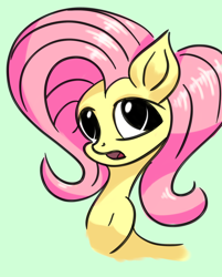 Size: 3508x4356 | Tagged: safe, artist:itchystomach, character:fluttershy, species:pony, bust, digital art, female, looking at you, mare, no pupils, open mouth, simple background, solo, teal background, three quarter view