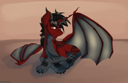Size: 2600x1700 | Tagged: safe, artist:darkvulpes, oc, oc only, species:dracony, species:dragon, species:pony, bat wings, bedroom eyes, claws, horn, hybrid, looking at you, lying down, male, multicolored body, paws, red, red fur, simple background, slit pupils, smiling, solo, spread wings, wings, yellow eyes