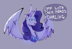 Size: 1416x978 | Tagged: safe, artist:another_pony, character:rarity, species:alicorn, species:pony, alicornified, crown, darling, dialogue, female, gray background, jewelry, open mouth, race swap, raricorn, rarity is not amused, regalia, simple background, solo, speech bubble, unamused