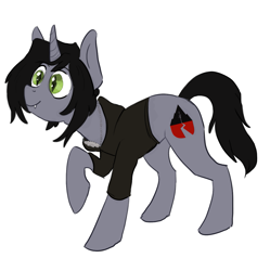 Size: 1273x1280 | Tagged: safe, artist:august, species:pony, species:unicorn, clothing, commission, disguise, disguised siren, fangs, happy, jewelry, kellin quinn, male, necklace, ponified, raised hoof, shirt, simple background, sleeping with sirens, slit eyes, smiling, solo, stallion, t-shirt, white background, ych result