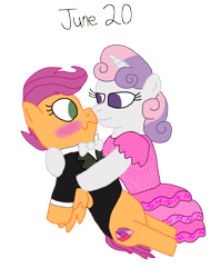 Size: 1280x1612 | Tagged: safe, artist:horroraceman93, character:scootaloo, character:sweetie belle, ship:scootabelle, blushing, clothing, dress, female, lesbian, pride month, shipping, simple background, transparent background, tuxedo