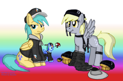 Size: 1280x847 | Tagged: safe, artist:blayaden, character:derpy hooves, character:rainbow dash, character:sunshower raindrops, species:pegasus, species:pony, clothing, female, hat, hoodie, mare, muffin, question mark, scrunchy face