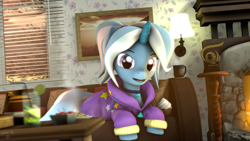 Size: 3840x2160 | Tagged: safe, artist:alicorntwilysparkle, character:trixie, species:pony, species:unicorn, 3d, alternate hairstyle, babysitter trixie, clothing, evening, female, hoodie, solo, source filmmaker