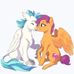 Size: 894x894 | Tagged: safe, artist:bokkitoki, character:scootaloo, character:terramar, species:hippogriff, species:pegasus, species:pony, ship:terraloo, commission, cute, eyes closed, female, love, male, mare, nuzzling, older, older scootaloo, older terramar, shipping, simple background, sitting, straight, white background