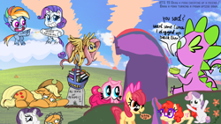 Size: 1920x1080 | Tagged: safe, artist:hellpony, character:apple bloom, character:applejack, character:fluttershy, character:pinkie pie, character:rainbow dash, character:rarity, character:spike, character:sweetie belle, character:twilight sparkle, character:twist, species:dragon, species:earth pony, species:pegasus, species:pony, species:unicorn, newbie artist training grounds, my little pony:pony life, atg 2020, basket, bliss, book, flower, gravestone, landmine, respect, sad, smiling, upside down