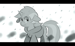 Size: 1560x966 | Tagged: safe, artist:another_pony, character:lyra heartstrings, species:pony, species:unicorn, fanfic:background pony, clothing, fanfic art, female, grayscale, hoodie, letterboxing, monochrome, solo
