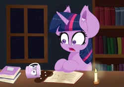 Size: 1024x717 | Tagged: safe, artist:windykirin, character:twilight sparkle, species:alicorn, species:pony, :i, book, bookshelf, candle, ear fluff, female, i mean i see, mare, mug, solo, spill, spilled drink