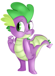 Size: 623x858 | Tagged: safe, artist:jbond, artist:woollily, edit, character:spike, species:dragon, blushing, color edit, colored, coloring, cute, cute little fangs, fangs, looking at you, male, painting, simple background, smiling, solo, spikabetes, spread wings, white background, winged spike, wings