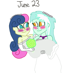 Size: 1280x1405 | Tagged: safe, artist:horroraceman93, character:bon bon, character:lyra heartstrings, character:sweetie drops, ship:lyrabon, my little pony:equestria girls, blushing, bridal carry, carrying, clothing, dress, female, lesbian, marriage, married, pride month, shipping, simple background, transparent background, wedding dress
