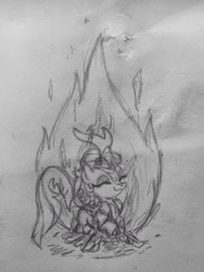 Size: 852x1136 | Tagged: safe, artist:kabayo, species:kirin, /mlp/, campfire, on fire, smiling, traditional art