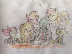 Size: 1136x852 | Tagged: safe, artist:kabayo, character:apple bloom, character:applejack, character:big mcintosh, character:bright mac, character:granny smith, character:pear butter, oc, oc:anon, species:pony, colored, traditional art