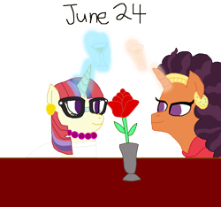 Size: 1280x1199 | Tagged: safe, artist:horroraceman93, character:moondancer, character:saffron masala, species:pony, champagne, clothing, date, dress, female, flower, glasses, lesbian, moonmasala, rose, shipping, simple background, transparent background, vase