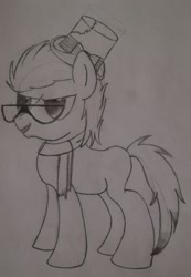 Size: 1545x2231 | Tagged: safe, artist:toli mintdrop, oc, oc:black scarf, species:pony, alternate design, clothing, fullbody, glasses, hat, pencil drawing, scarf, solo, top hat, traditional art, unfinished art