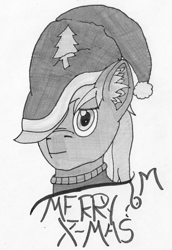 Size: 1201x1745 | Tagged: safe, artist:toli mintdrop, oc, oc:blue gear, species:earth pony, species:pony, cap, christmas, clothing, hat, holiday, hoodie, santa hat, solo, text, traditional art