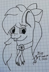 Size: 1510x2231 | Tagged: safe, artist:toli mintdrop, oc, oc only, oc:frozen snow, species:pegasus, species:pony, blep, bow, graph paper, lineart, ribbon, solo, tongue out, traditional art