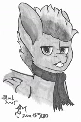 Size: 996x1504 | Tagged: safe, artist:toli mintdrop, base used, oc, oc:black scarf, species:pegasus, species:pony, clothing, grayscale, monochrome, scarf, solo, traditional art