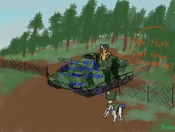 Size: 2000x1500 | Tagged: safe, artist:frostclaw, character:applejack, species:pony, newbie artist training grounds, atg 2020, dialogue, fence, forest, tank (vehicle)