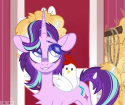 Size: 2048x1717 | Tagged: safe, artist:n in a, character:starlight glimmer, species:bird, species:chicken, species:pony, species:unicorn, episode:harvesting memories, spoiler:harvesting memories, spoiler:mlp friendship is forever, barn, chest fluff, female, mare, messy mane, scene interpretation, smiling, starry eyes, wingding eyes