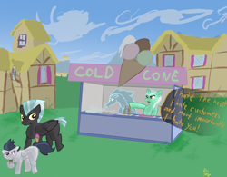 Size: 2000x1561 | Tagged: safe, artist:frostclaw, character:lyra heartstrings, character:rumble, character:thunderlane, species:pony, newbie artist training grounds, atg 2020, background pony, food, hate, ice cream, ponyville, windigo