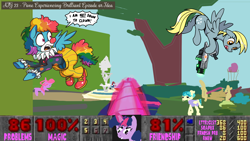 Size: 1920x1080 | Tagged: safe, artist:hellpony, character:auntie lofty, character:berry punch, character:berryshine, character:derpy hooves, character:rainbow dash, character:twilight sparkle, species:pegasus, species:pony, newbie artist training grounds, atg 2020, bfg9000, clothing, clown, commander redfeather, doom, female, friendship problem, letter to celestia, magic, maigc aura, mare, park, ponyville park, possibly a zombie?, rainbow, soapbox