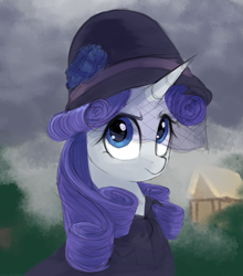 Size: 939x1068 | Tagged: safe, artist:some_ponu, character:rarity, species:pony, species:unicorn, bust, clothing, coat, female, hat, house, mare, solo, veil