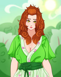 Size: 1055x1335 | Tagged: safe, artist:nathayro37, character:autumn blaze, species:human, breasts, busty autumn blaze, eye clipping through hair, female, head tilt, humanized, lipstick, looking at you, smiling, solo, sun, vaguely asian robe