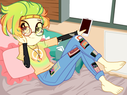 Size: 1180x884 | Tagged: safe, artist:noreentheartist, artist:unichan, base used, oc, oc only, oc:marley lennon, my little pony:equestria girls, barefoot, bed, bedroom, blanket, clothing, commission, ear piercing, earring, equestria girls-ified, eyebrow piercing, feet, female, glasses, headband, iphone, jeans, jewelry, multicolored hair, necklace, pants, peace symbol, phone, piercing, pillow, shirt, solo, t-shirt, torn clothes, window, ych result