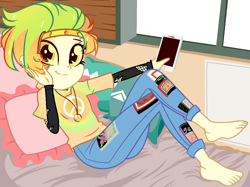 Size: 1180x884 | Tagged: safe, alternate version, artist:noreentheartist, artist:unichan, base used, oc, oc only, oc:marley lennon, my little pony:equestria girls, barefoot, bed, bedroom, blanket, clothing, commission, ear piercing, earring, equestria girls-ified, eyebrow piercing, feet, female, headband, iphone, jeans, jewelry, multicolored hair, necklace, pants, peace symbol, phone, piercing, pillow, shirt, solo, t-shirt, torn clothes, window, ych result