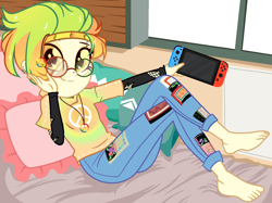 Size: 1182x884 | Tagged: safe, alternate version, artist:noreentheartist, artist:unichan, base used, oc, oc only, oc:marley lennon, my little pony:equestria girls, barefoot, bed, bedroom, blanket, clothing, commission, controller, ear piercing, earring, equestria girls-ified, eyebrow piercing, feet, female, glasses, headband, jeans, jewelry, joycon, multicolored hair, necklace, nintendo, nintendo switch, pants, peace symbol, piercing, pillow, shirt, solo, t-shirt, torn clothes, window, ych result
