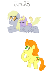 Size: 1280x1865 | Tagged: safe, artist:horroraceman93, character:carrot top, character:derpy hooves, character:dinky hooves, character:golden harvest, species:earth pony, species:pegasus, species:pony, species:unicorn, ship:derpytop, cutie mark, derp, female, filly, flying, lesbian, mare, mother and daughter, ponies riding ponies, pride month, riding, shipping, sleeping
