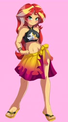 Size: 2315x4096 | Tagged: safe, artist:nin10ja, character:sunset shimmer, species:human, my little pony:equestria girls, belly button, bikini, blushing, clothing, cute, feet, female, flip-flops, high res, humanized, looking at you, midriff, sandals, sarong, shimmerbetes, solo, summer sunset, swimsuit, toes