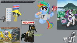 Size: 1920x1080 | Tagged: safe, artist:hellpony, character:gabby, character:gilda, character:rainbow dash, character:rarity, character:scootaloo, species:griffon, species:pegasus, species:pony, species:unicorn, newbie artist training grounds, american flag, atg 2020, bag, butt, clothing, coolie hat, dildo, food, griffonstone, hat, hot dog, human head pony, i ❤️ ny, jojo reference, jojo's bizarre adventure, jotaro kujo, meat, middle finger, north korea, original species, plot, ponies eating meat, ponified, sausage, scenery, shirt, statue of liberty, t-shirt, vulgar