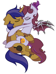 Size: 774x1014 | Tagged: safe, artist:unichan, oc, oc only, oc:jade jump, oc:lunar spice, species:bat pony, species:pony, species:unicorn, fallout equestria, armor, commission, eyes closed, foe adventures, hug, kissing, lunump, simple background, transparent background, ych result