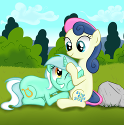 Size: 2977x2996 | Tagged: safe, artist:background basset, derpibooru original, character:bon bon, character:lyra heartstrings, character:sweetie drops, species:earth pony, species:pony, species:unicorn, ship:lyrabon, female, grass, hug, lesbian, mare, shipping, smiling