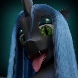 Size: 2000x2000 | Tagged: safe, artist:radiomann01, character:queen chrysalis, species:changeling, 3d, changeling queen, fangs, female, high res, looking at you, mawshot, open mouth, render, sharp teeth, simple background, smiling, solo, teeth, tongue out, uvula