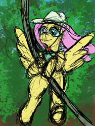 Size: 1500x2000 | Tagged: safe, artist:frostclaw, character:fluttershy, species:pegasus, species:pony, newbie artist training grounds, atg 2020, bandana, clothing, explorer outfit, fedora, female, hat, sketch, vine