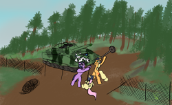 Size: 2000x1216 | Tagged: safe, artist:frostclaw, character:applejack, character:fluttershy, character:shining armor, character:twilight sparkle, newbie artist training grounds, atg 2020, fence, repairing, tank (vehicle)