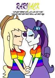 Size: 1280x1795 | Tagged: safe, artist:horroraceman93, character:applejack, character:rarity, ship:rarijack, my little pony:equestria girls, clothing, eyes closed, female, femslash february, lesbian, shipping, shirt, simple background, transparent background